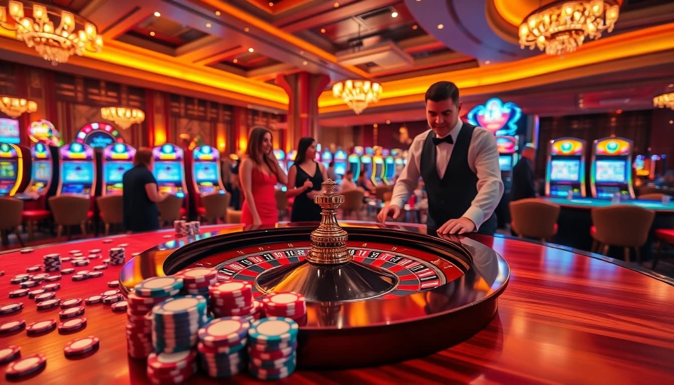 SODO66 casino scene with roulette, poker chips, and excited players in a luxurious setting.