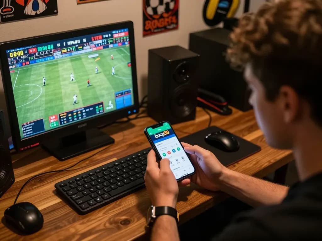 Bong88 user engaging in sports betting with mobile app and live match data on tablet