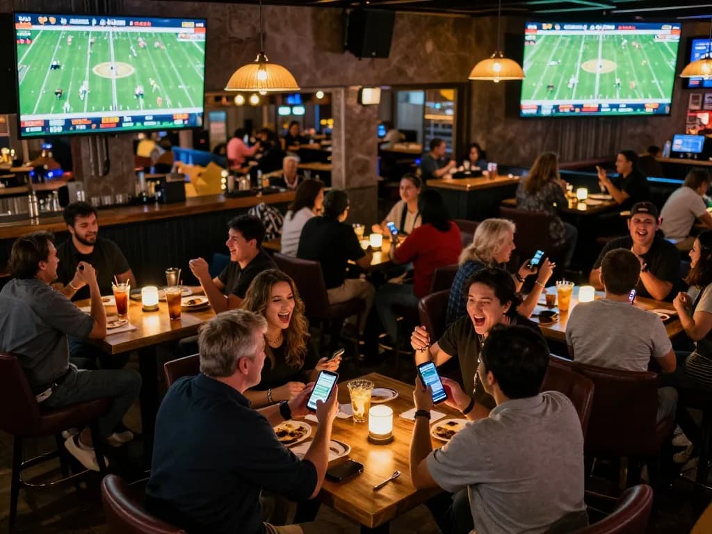 Fans engaged in footballl betting strategies while enjoying live sports at a vibrant bar.
