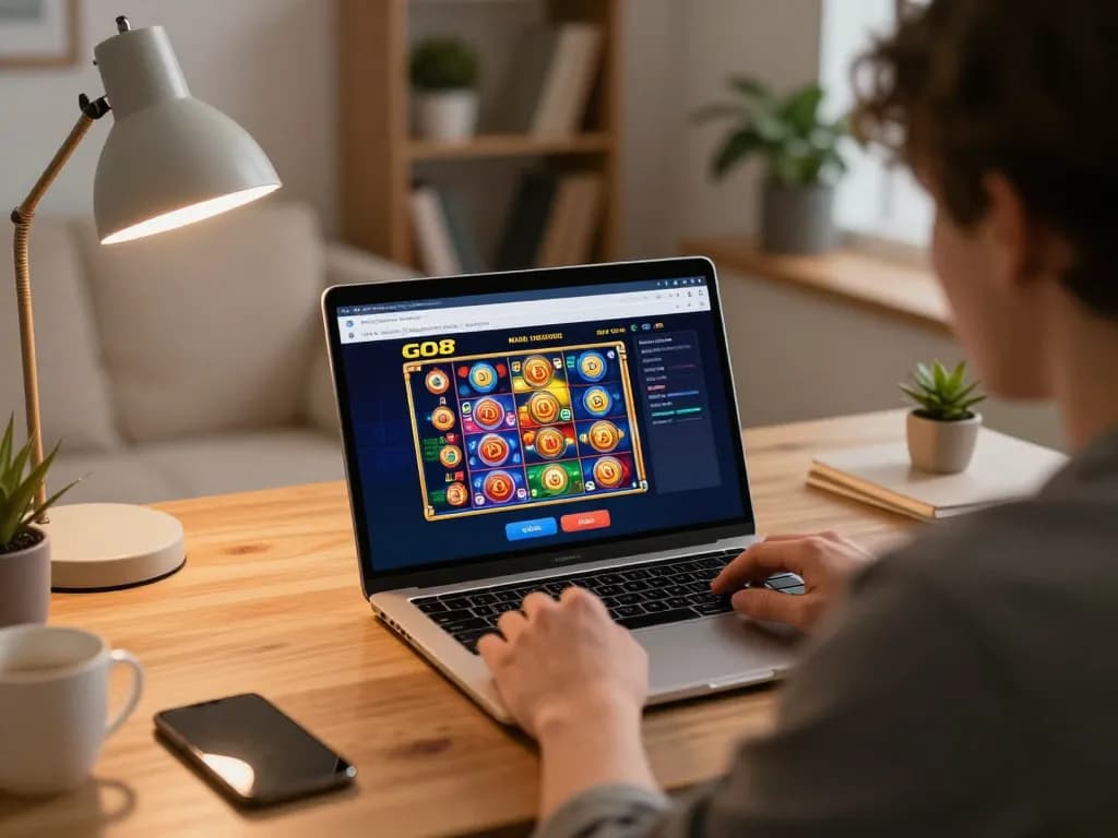 Engaged player enjoying GO8 online casino games with focused strategy in cozy home environment.