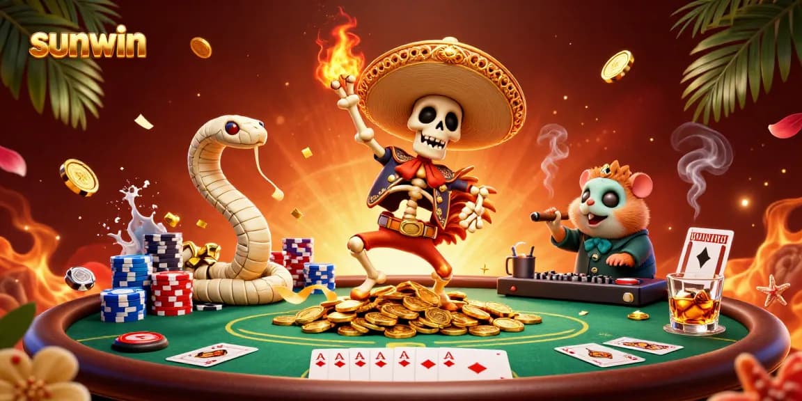 Sunwin's vibrant casino scene features a dancing mariachi rooster, mummy snake, and DJ hamster playing cards among golden coins.