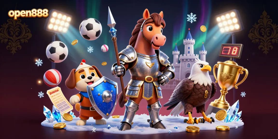 Bet and win with open888 featuring a knight, puppy, and falcon in a rich casino adventure.