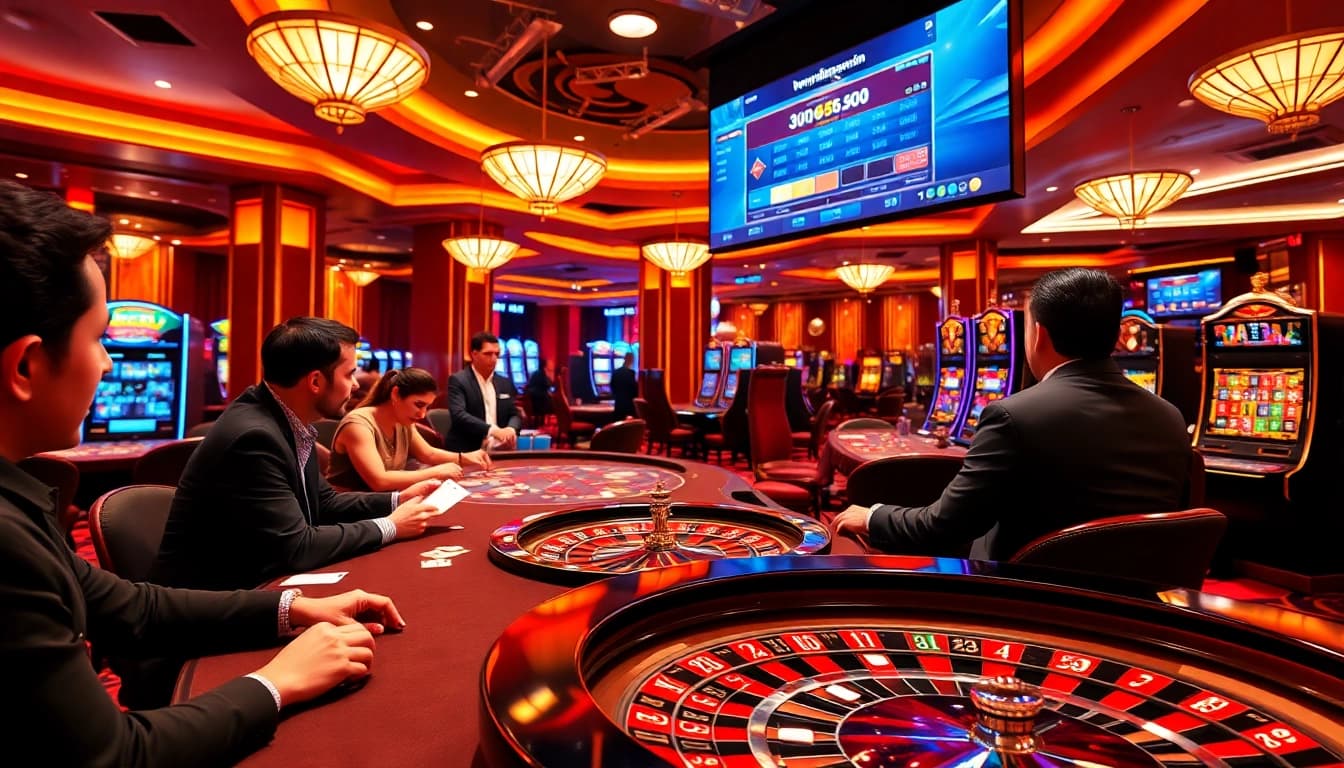 Experience thrilling games at https://jun88pl.com/, showcasing players engaged in high-stakes poker with vibrant casino ambiance.