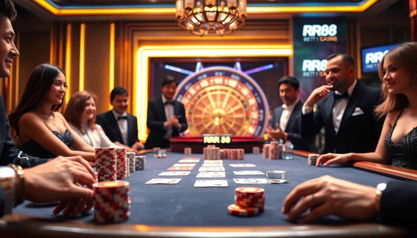 Exciting casino atmosphere at RR88 with poker table, chips, and roulette wheel.