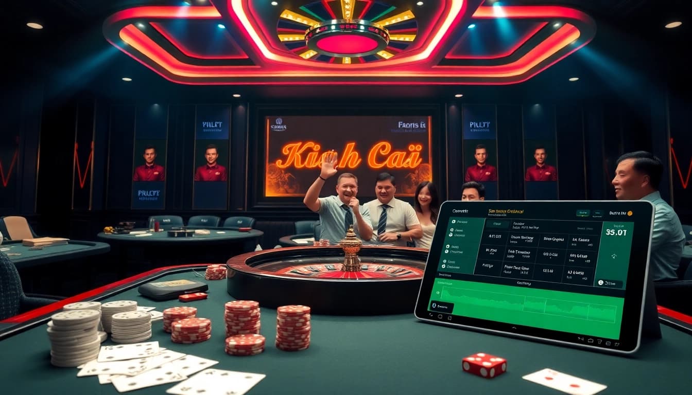 Kèo Nhà Cái showcases an exciting casino scene with poker chips and a roulette table in vibrant lighting.