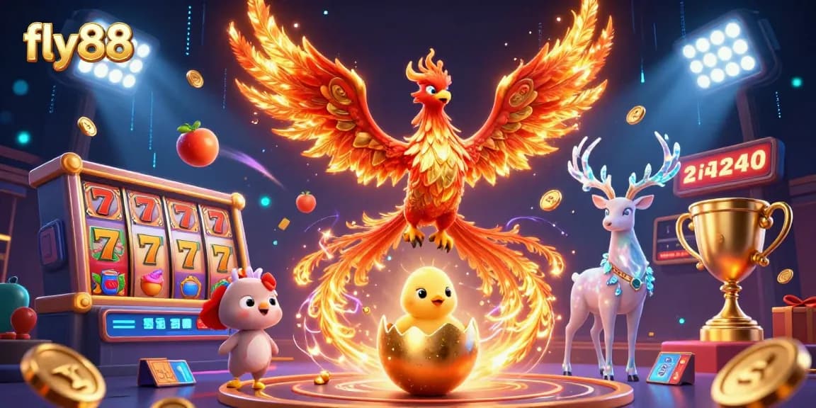 fly88 showcases a fire phoenix and mystical stag in a vibrant casino scene filled with slot symbols and gold coins.