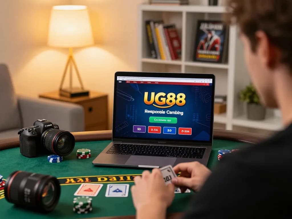Player engaged in strategic gameplay on UG88 casino app in cozy home setting