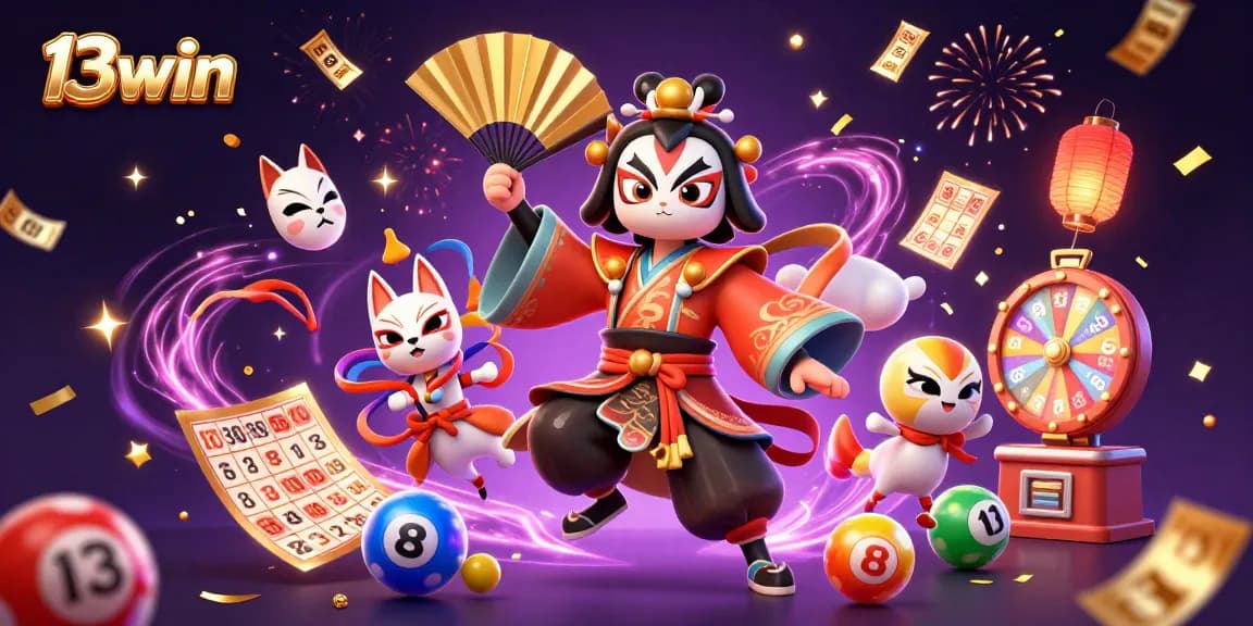 13win's kabuki warrior and kitsune mask celebrate over colorful lottery elements in a dynamic casino illustration.