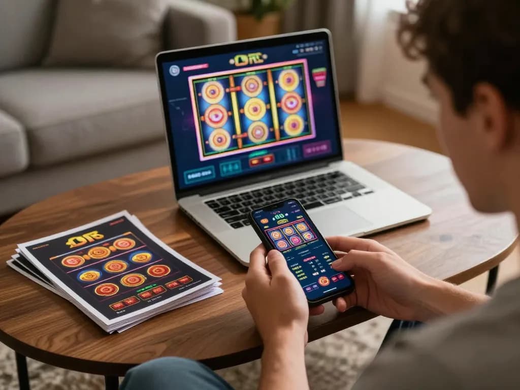 Player engaging with the O8 casino app in a cozy home environment, showcasing modern online gambling.