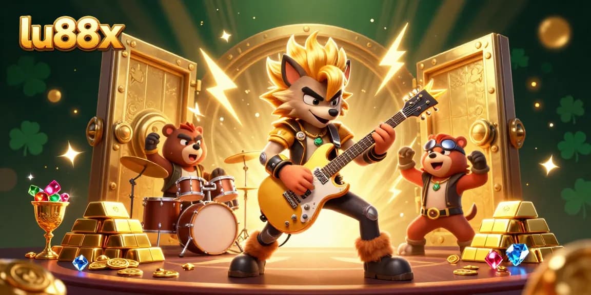 Experience the thrill of lu88x with a 3D rock star wolf and treasures bursting in gold.