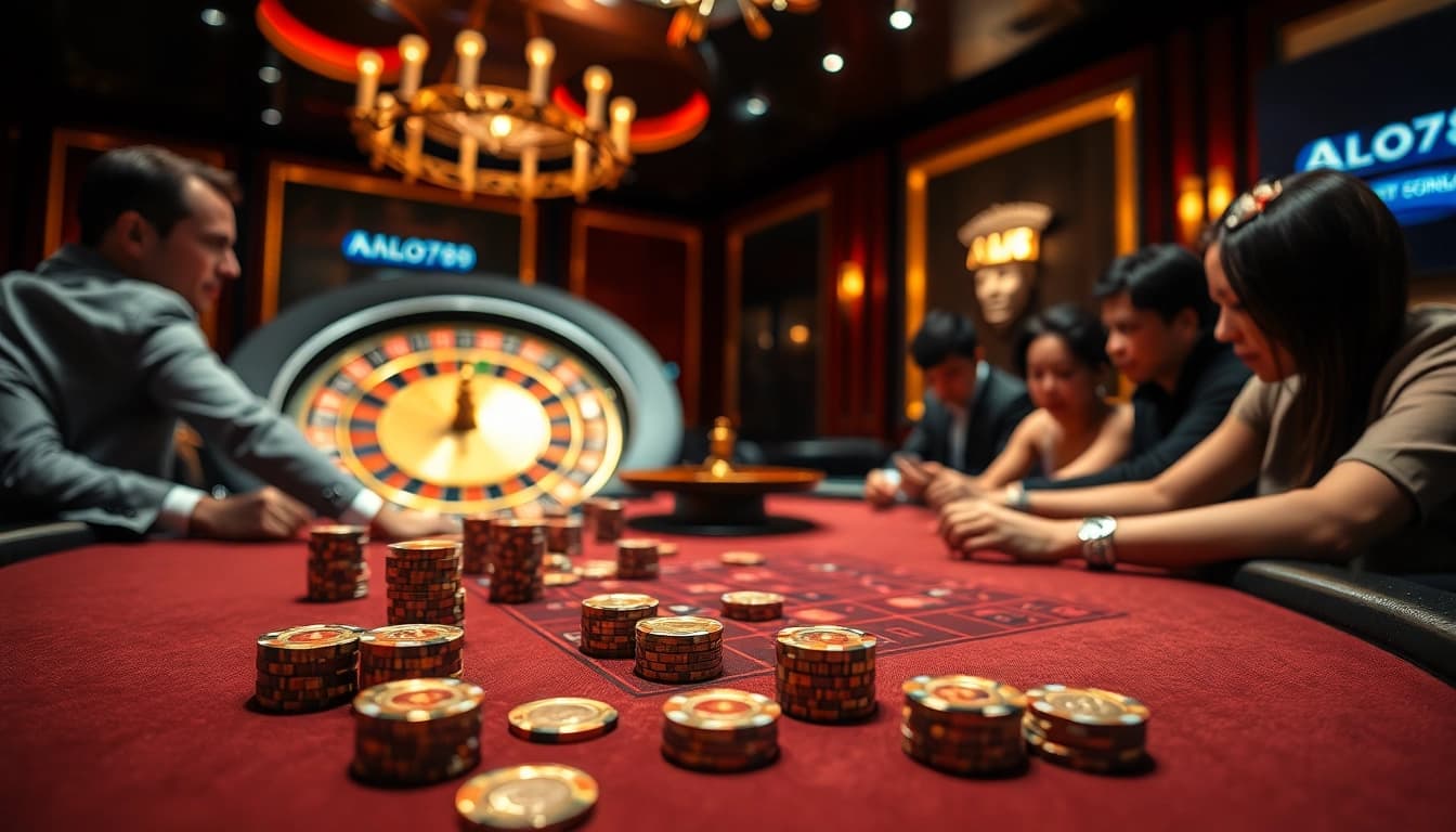 Players engaging in an exciting game at ALO789 casino, showcasing rich poker chips and a vibrant roulette wheel.