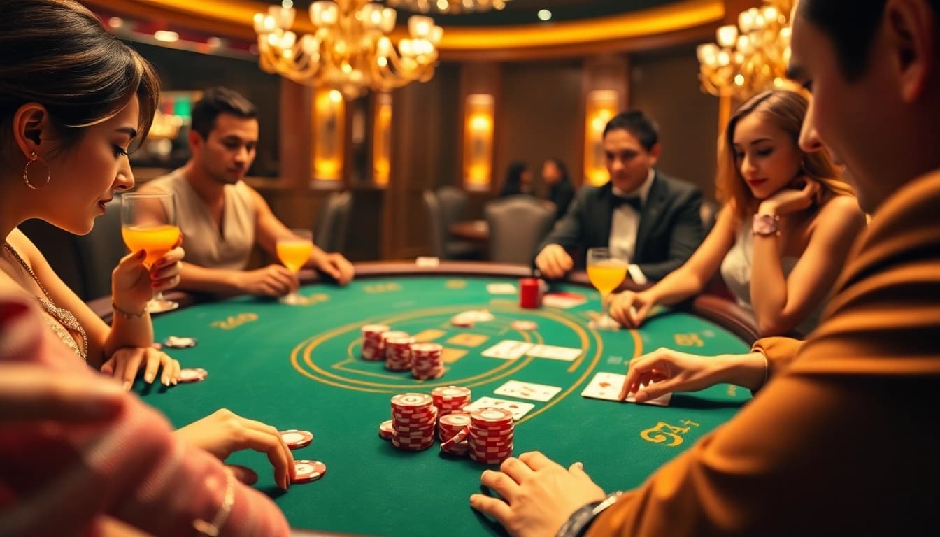 Players at a 65A poker table experience thrilling bets in a glamorous casino setting.