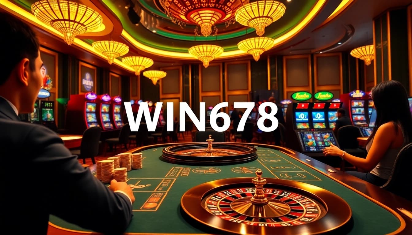 WIN678 offers an exhilarating online gambling experience with luxurious casino tables and vibrant slot machines.