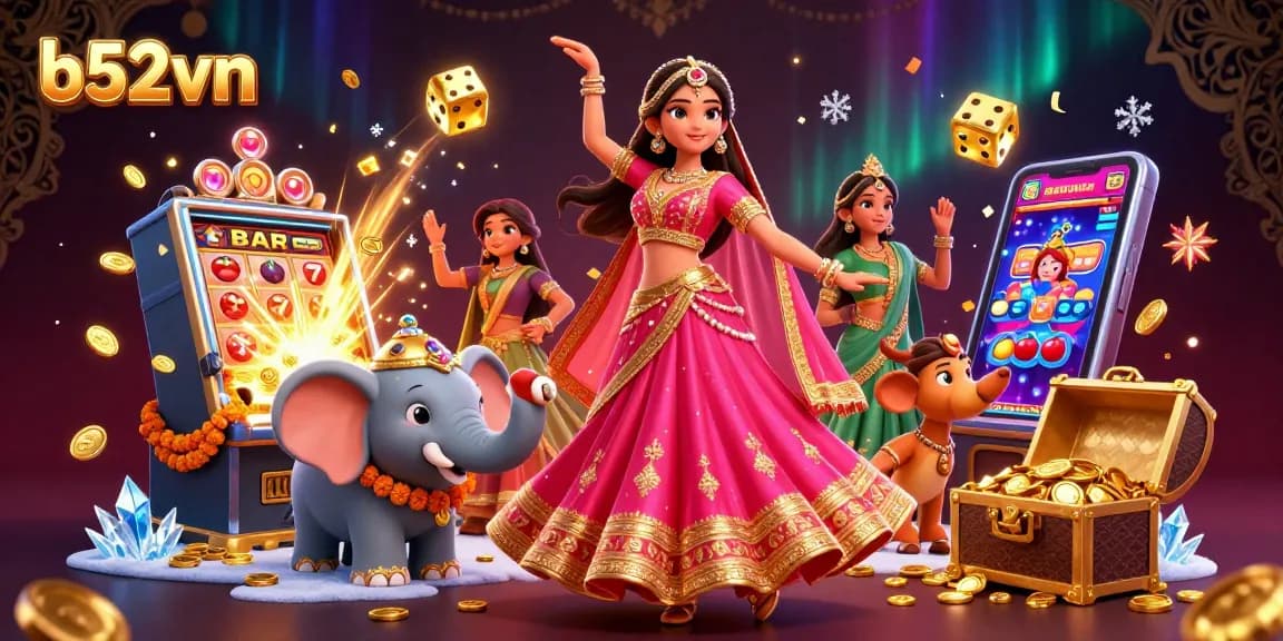 Bets at b52vn with a vibrant Asian woman in a lehenga beside a bejeweled elephant amidst a jackpot explosion.