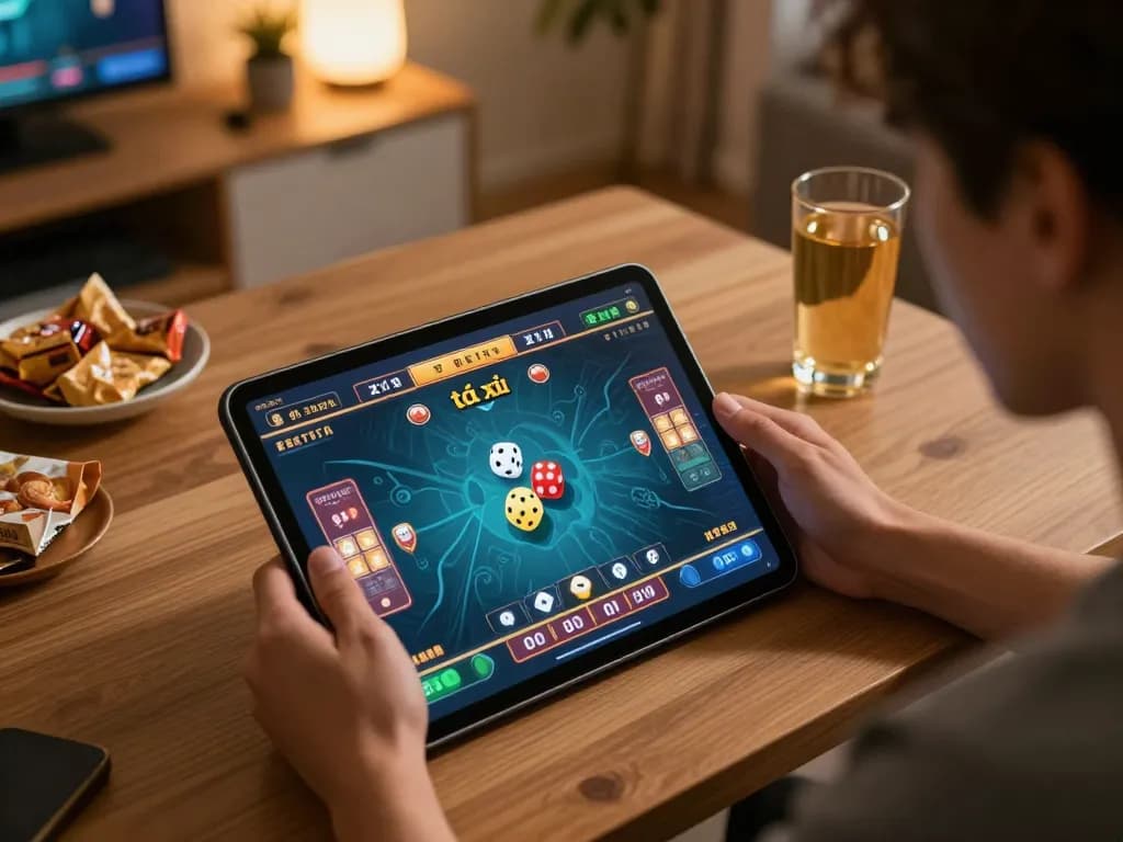 Tài xỉu online gaming session with live dice action on tablet and cozy home setup.