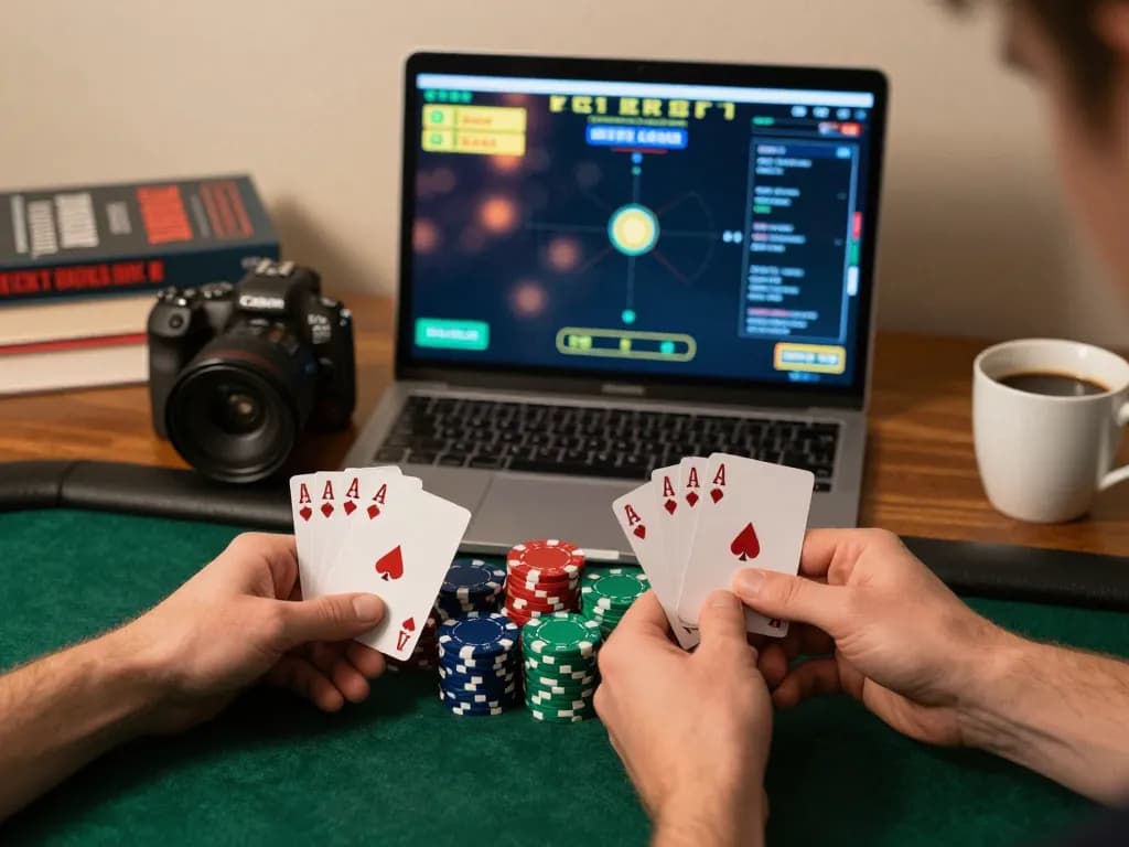 Player strategizing for five88 online poker game at home with chips and cards visible