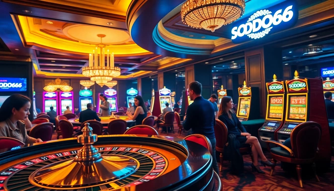 SODO66 casino scene with players engaged at tables and vibrant slot machines.