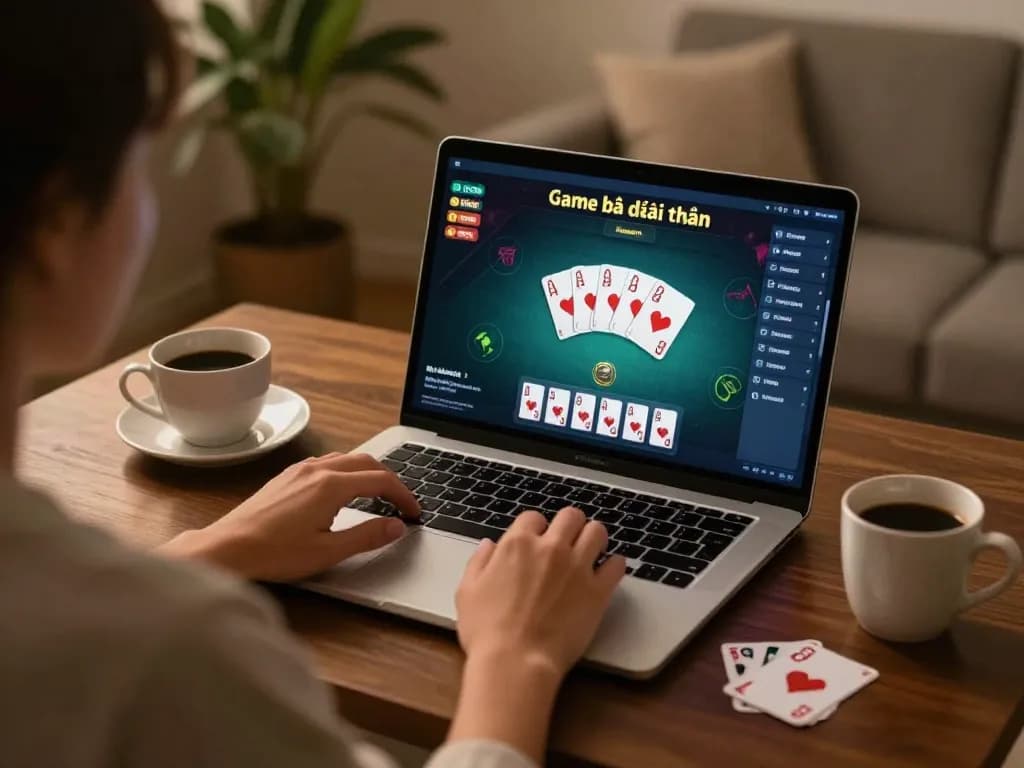 Engaging in Game bài đổi thưởng with laptop in cozy home setting, highlighting online gaming experience.