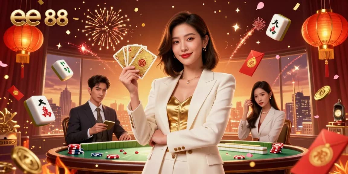Experience the thrill of the game with ee 88, featuring an elegant businesswoman surrounded by casino elements.