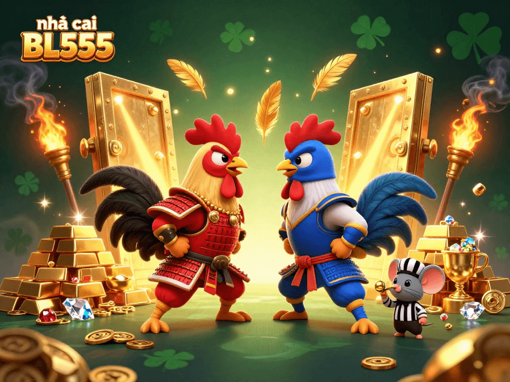 Experience exciting action with nhà cái BL555 featuring samurai and ninja roosters in a vibrant casino scene.