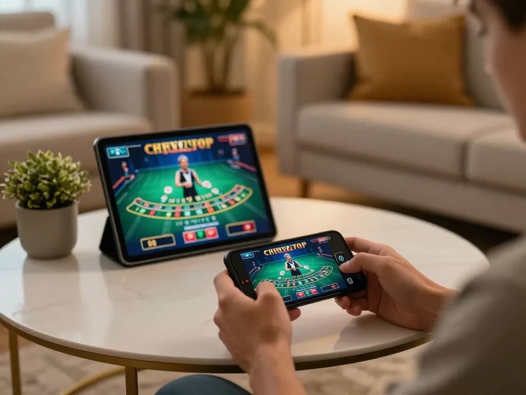 Player enjoying J888 mobile casino gaming with smartphone and tablet in cozy home setting