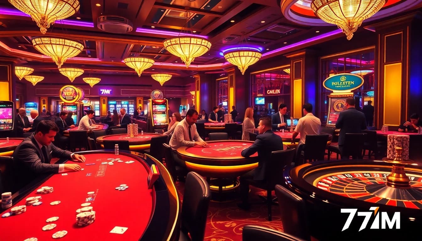 Engaging casino gamblers at a vibrant 7M gaming table with chips and cards.