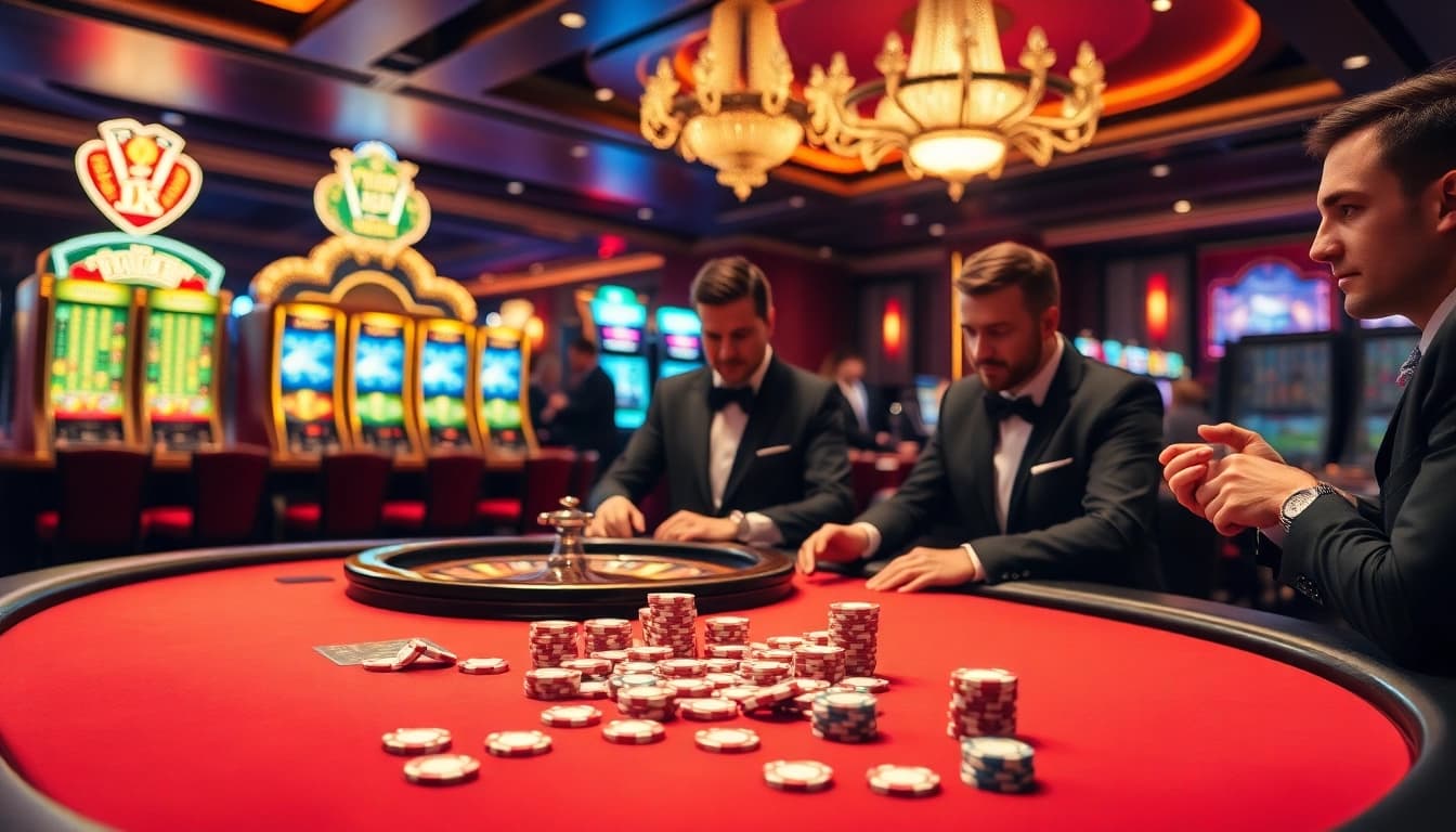 Experience thrilling action at 68VIP's luxurious casino with cards, chips, and roulette excitement.