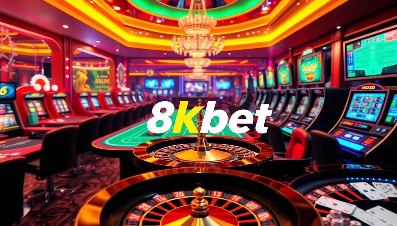 Experience thrilling gaming action at 8kbet with vibrant casino visuals, cards, and slot machines.