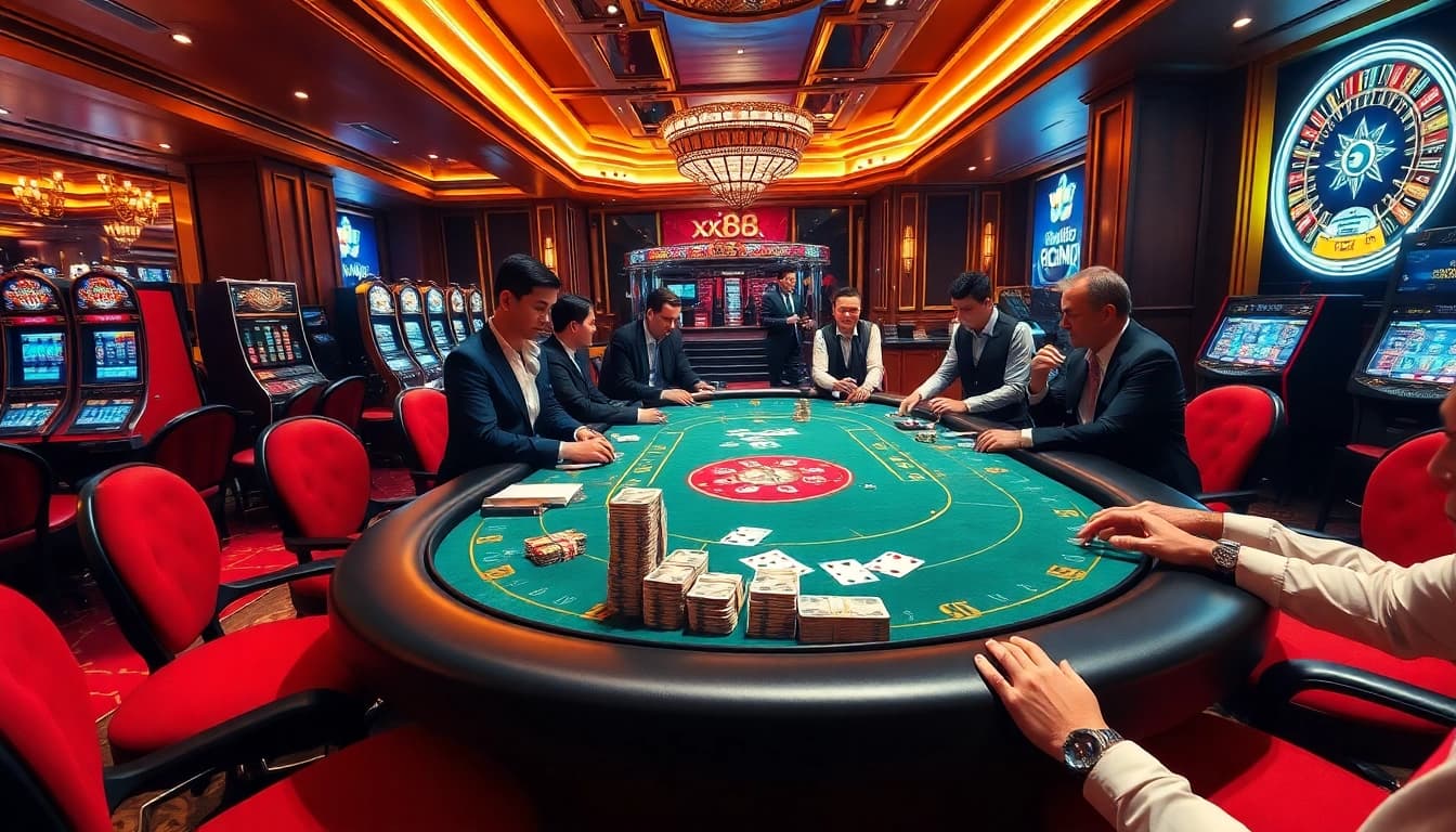 Players enjoying a high-stakes poker game experience at xx88 com casino.