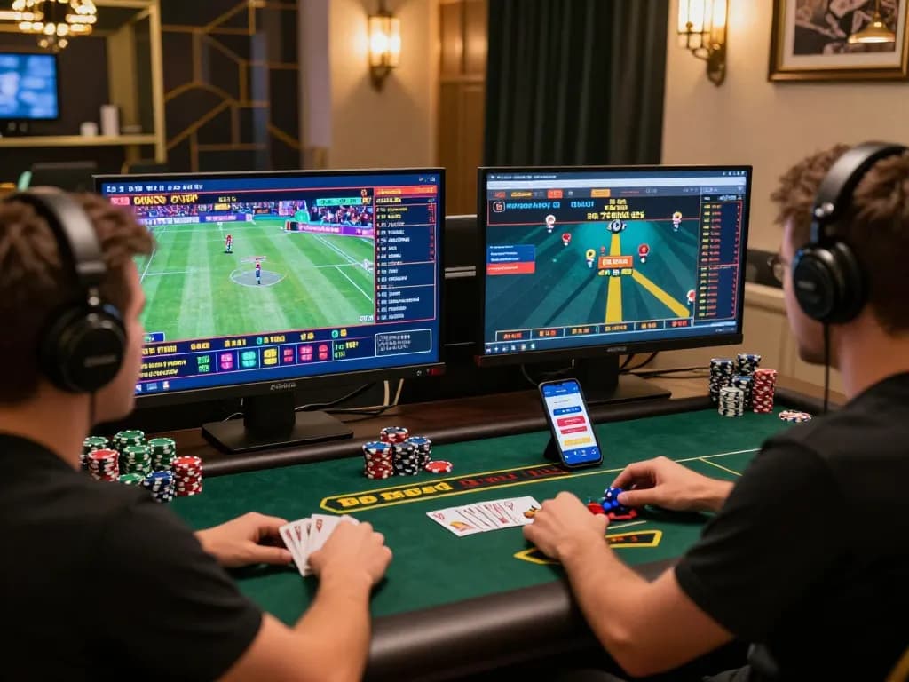 Engaging scene showcasing the 789bet link at a modern online gambling setup with multiple screens and gaming elements.