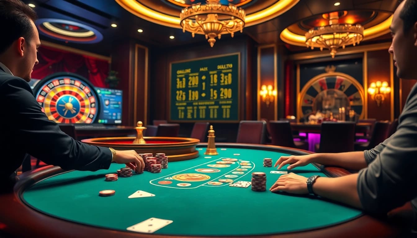 Exciting poker game at nhà cái 8kbet, showcasing vibrant chips and cards in a luxurious casino setting.