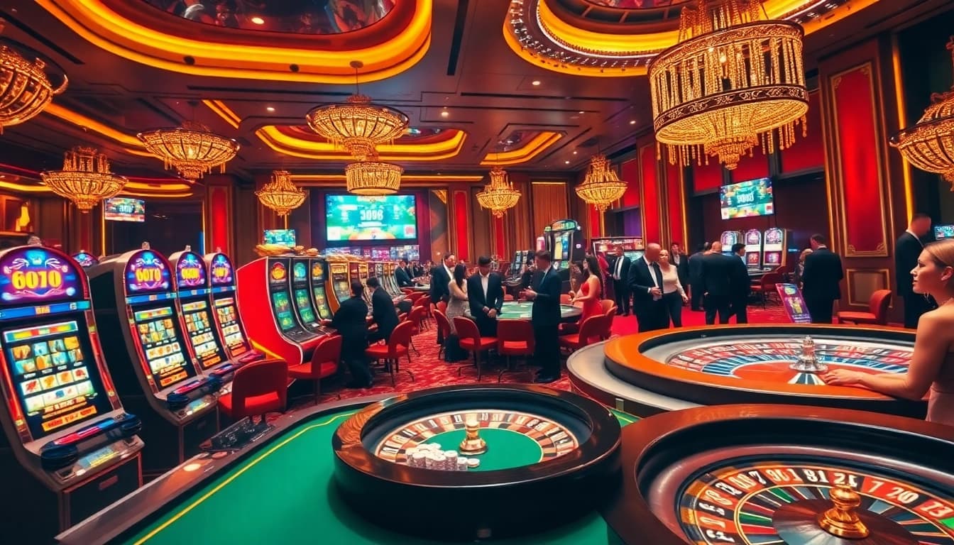 Players engaging in thrilling casino games at https://789betg.com/, featuring vibrant slot machines and poker tables.