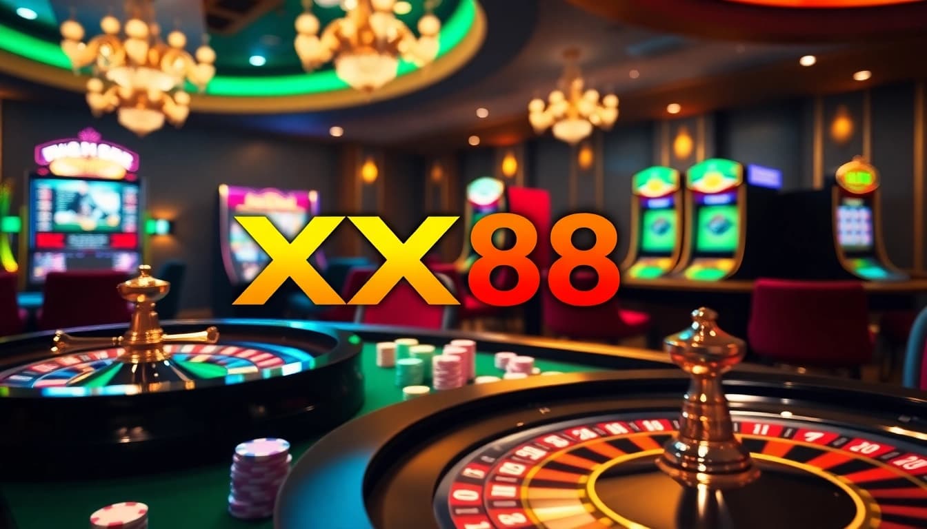 Experience the thrilling ambiance of XX88 with vibrant casino tables and slot machines.
