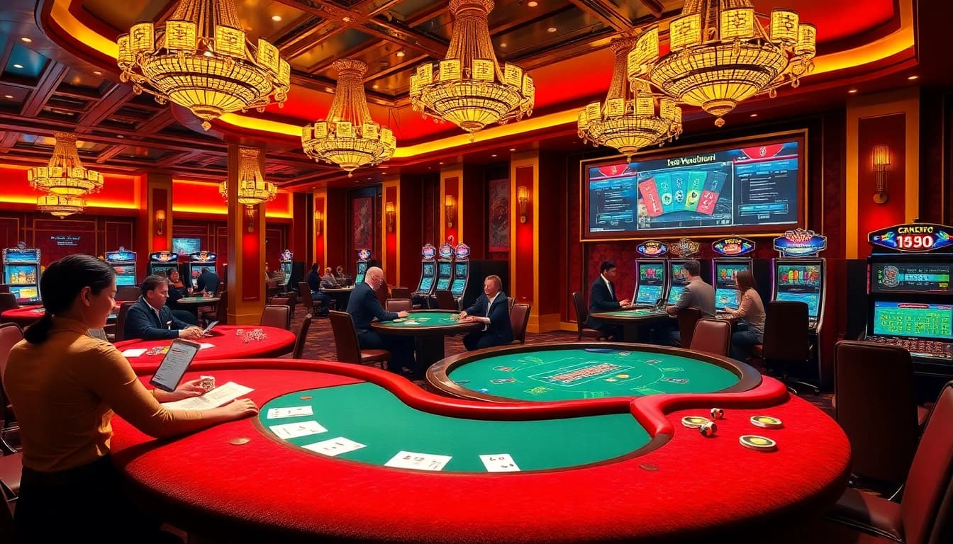 Experience the thrill of LC88 casino gaming with vibrant tables, poker chips, and an engaging atmosphere.