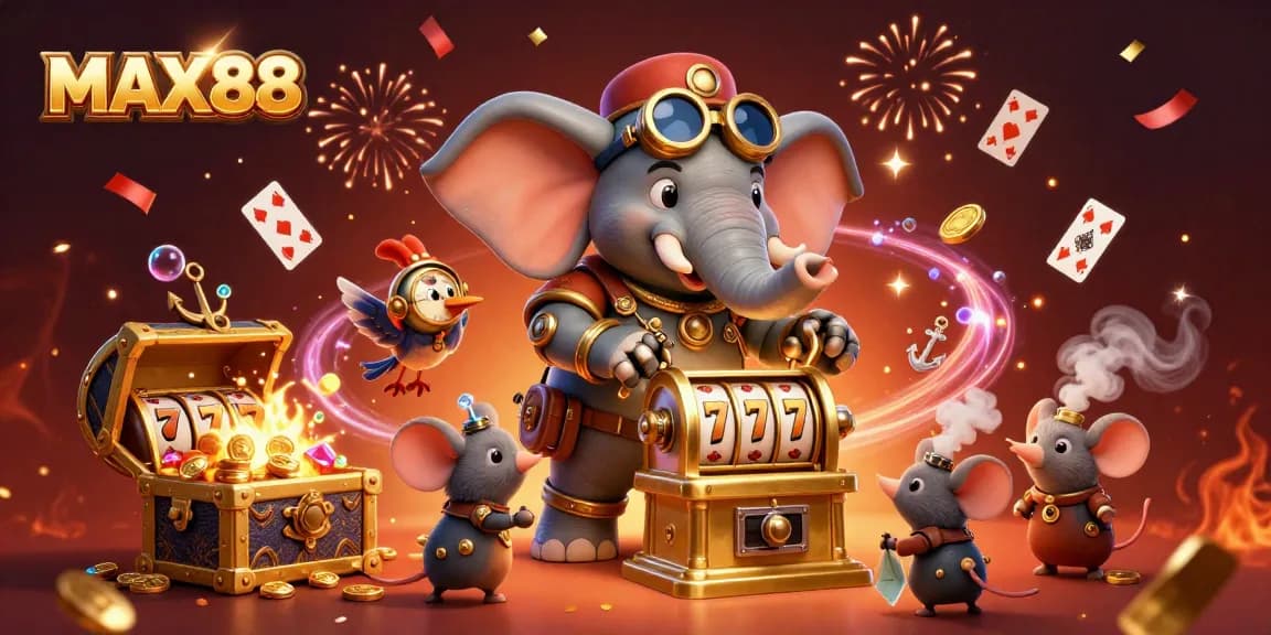 Spin the MAX88 slots with a steampunk elephant engineer and gold treasures, capturing the thrill of gaming.