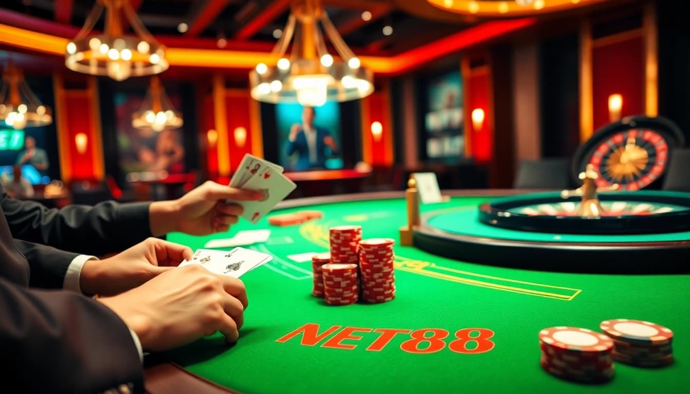 Engage with NET88 at a vibrant poker table featuring intense gameplay and rich casino elements.