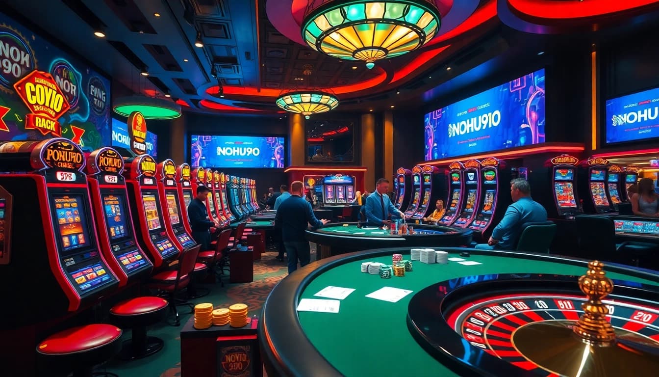 Experience thrilling gaming excitement at NOHU90 with vibrant slots and poker tables.
