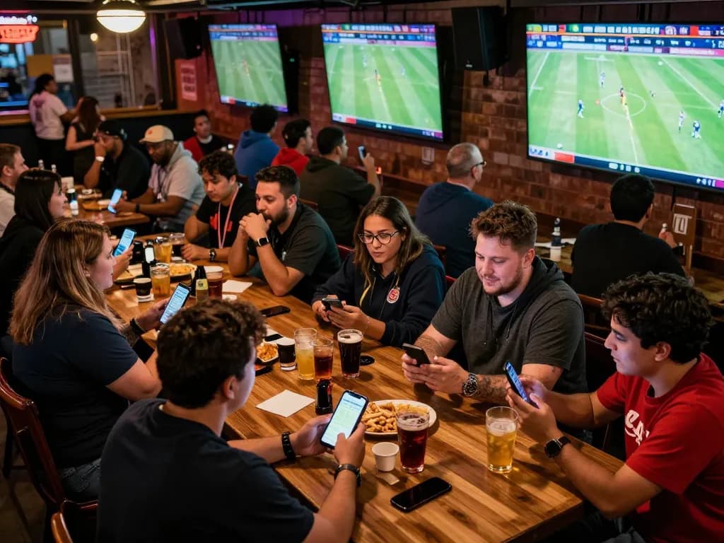 Footballl enthusiasts engaged in live betting while watching matches in a vibrant sports bar.