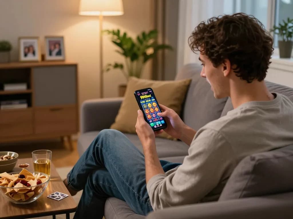 Mobile player experiencing exciting wins on the 999bet app while enjoying a cozy home setting.