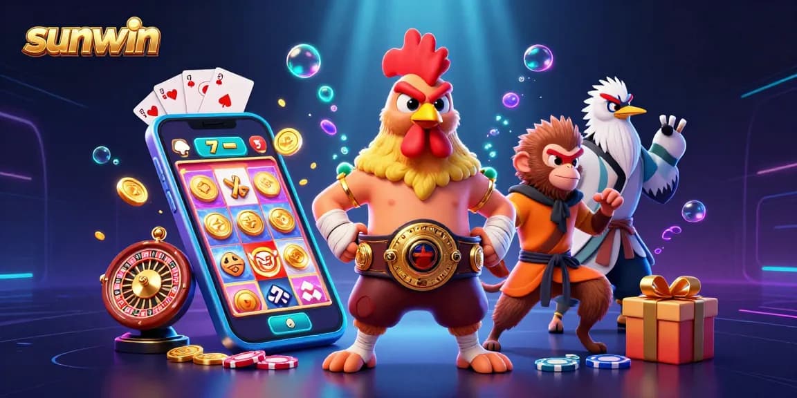 Experience thrilling gameplay at sunwin with a vibrant illustration featuring dynamic casino characters and games.