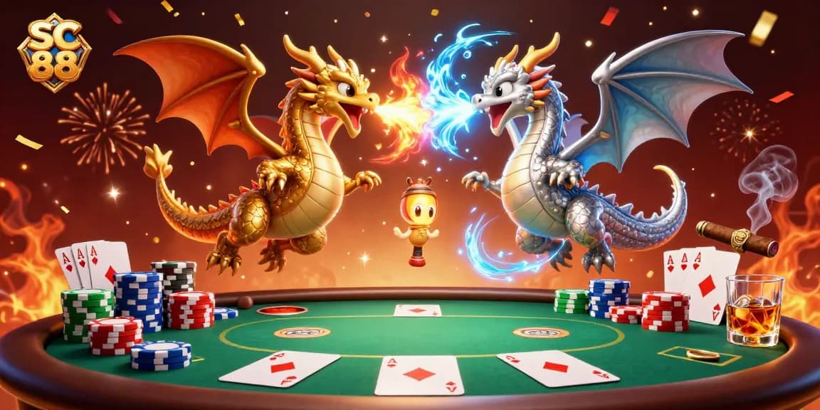 Engage in thrilling poker action with SC 88 as cartoon dragons battle amidst colorful chips and cards.