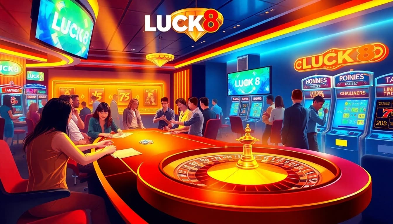 LUCK8 gamblers enjoying a vibrant casino, featuring poker, roulette, and slot machines in action.