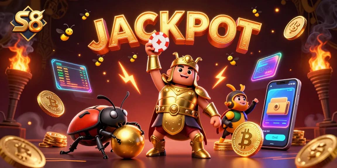Engage with S8's thrilling jackpot excitement featuring 3D characters and vibrant casino elements.