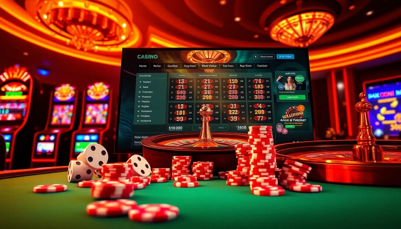 Experience the excitement of nhà cái u888 with vibrant slot machines and poker chips on an elegant gaming interface.