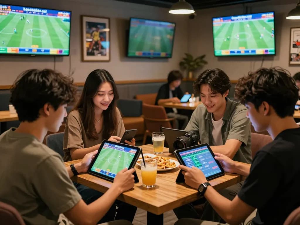 Friends analyzing keo nha cai betting odds in a lively sports lounge.