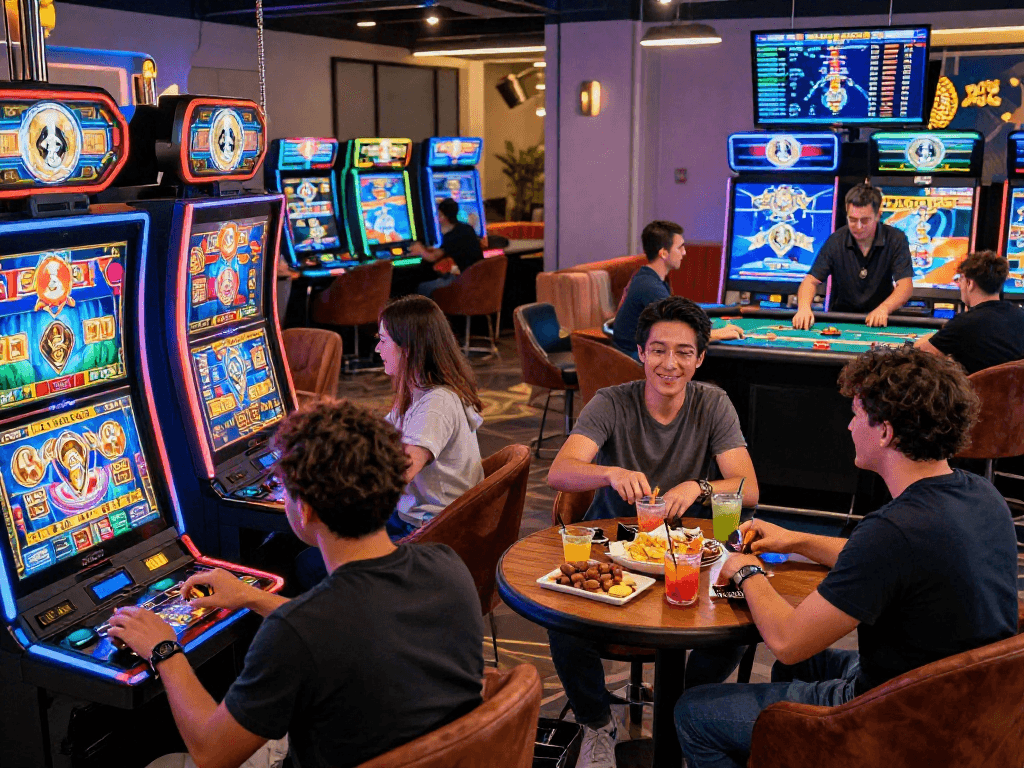 Exciting crypto casino scene showcasing friends playing digital slot machines and a poker table.