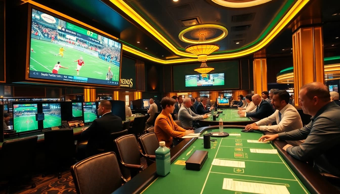 Betting action in a lively sportsbook highlighting tỷ lệ kèo bóng đá hôm nay, combined with enthusiastic fans and luxurious decor.