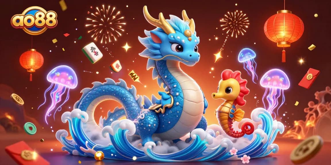 Win exciting rewards at ao88 with our vibrant casino adventure illustration showcasing magical creatures and festive decorations.
