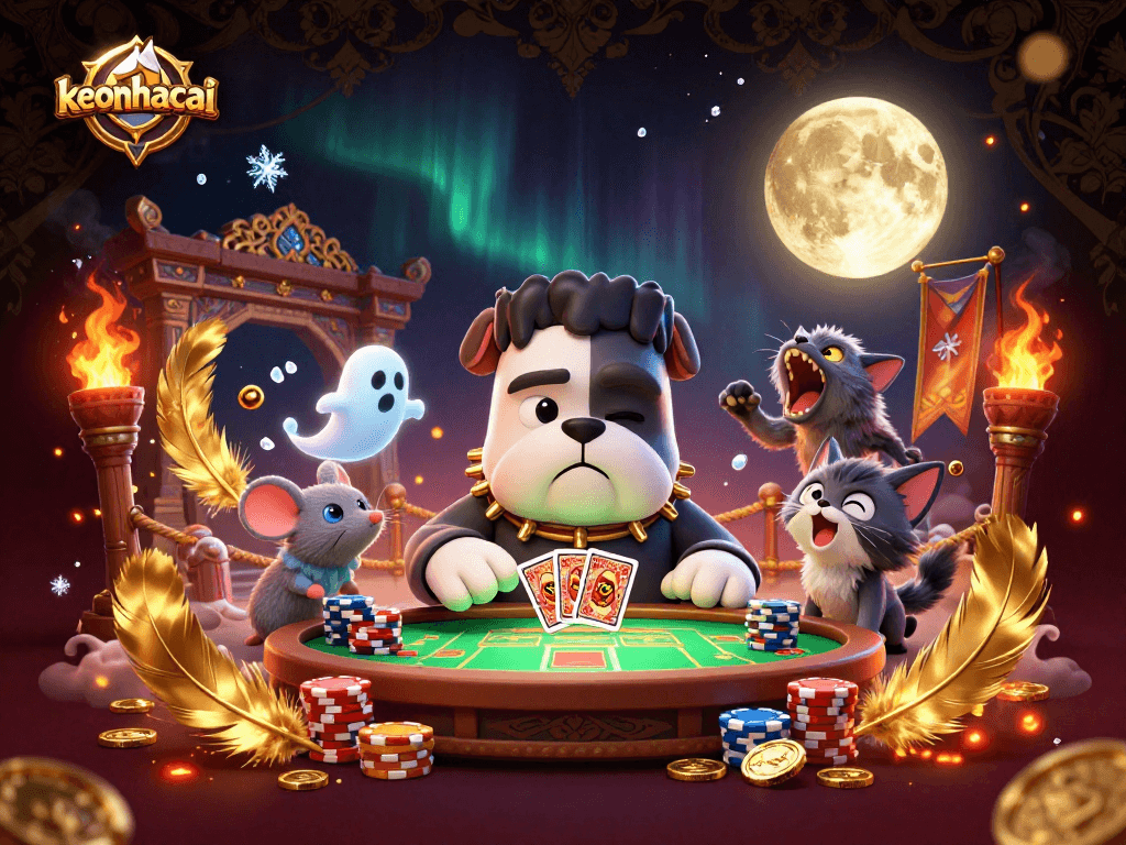 Engage with the keonhacai adventure featuring a monster dealer and ghostly elements at a casino table.