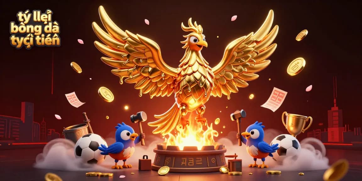 Engage with tỷ lệ bóng đá trực tuyến as golden phoenix symbolizes winning bets and sports excitement.